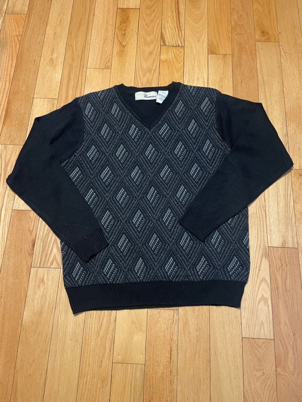 Men's Black V-Neck Diamond Jacquard Sweater by Renown
